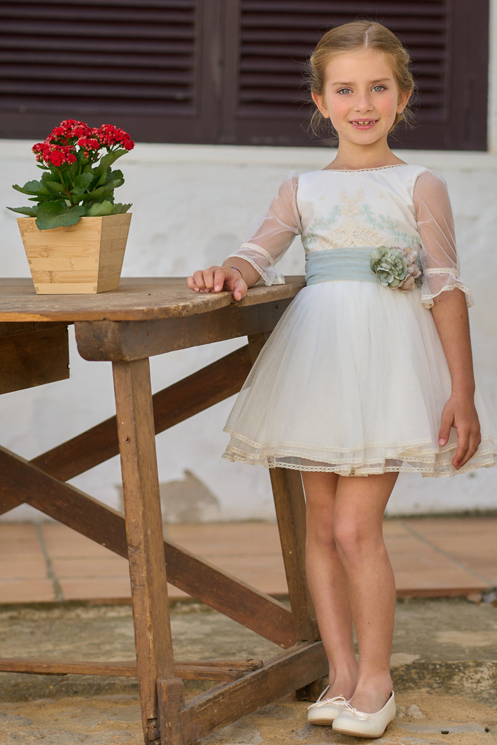 Off White Dress with Floral Belt