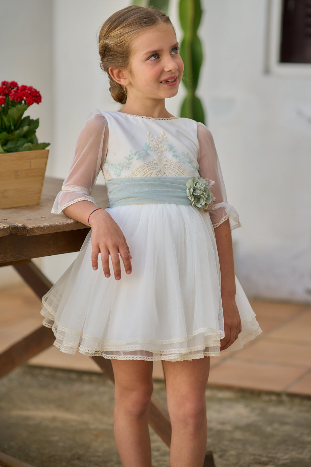 Off White Dress with Floral Belt