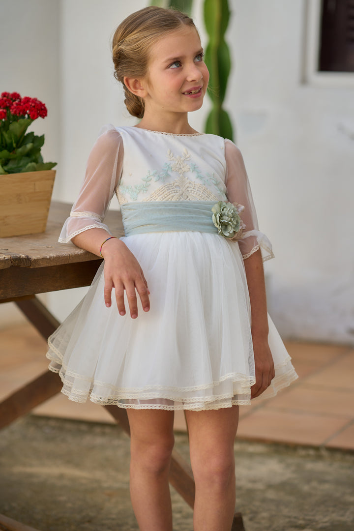 Off White Dress with Floral Belt