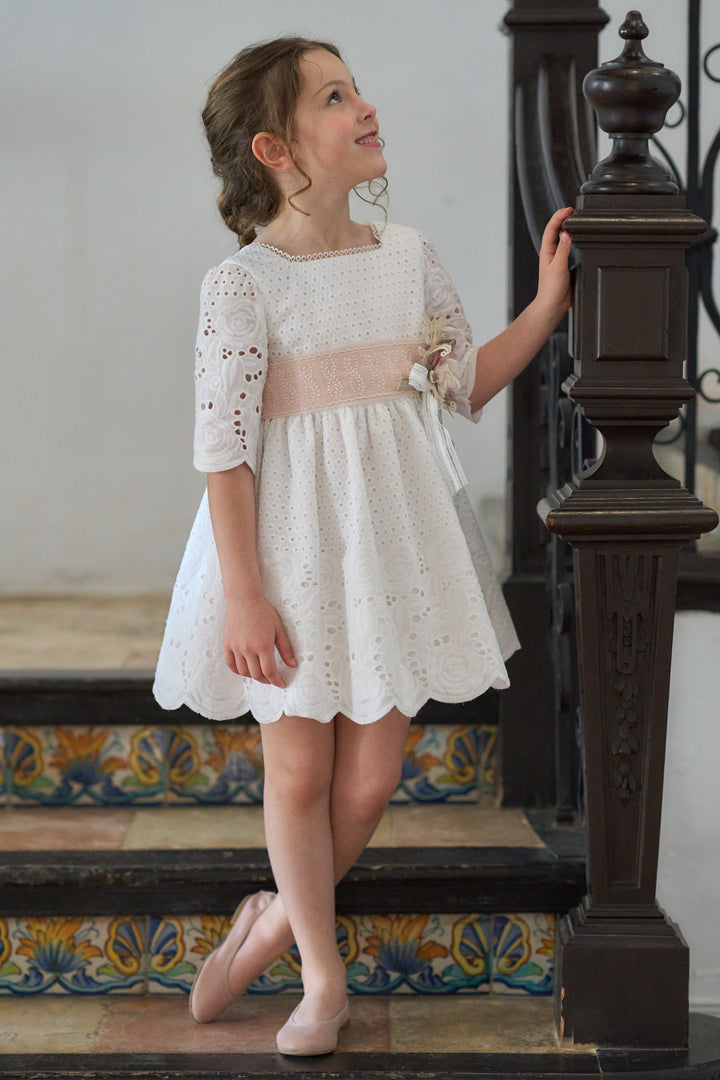 Off White Dress with Pink Floral Belt