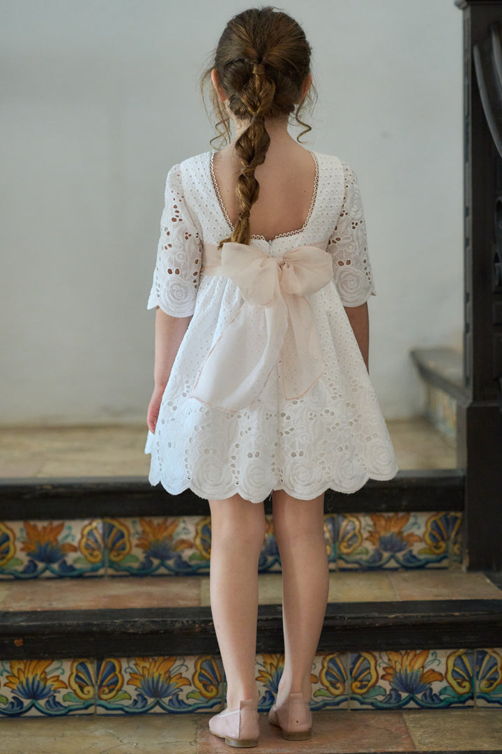 Off White Dress with Pink Floral Belt