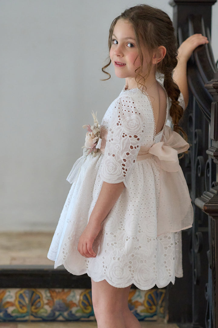 Off White Dress with Pink Floral Belt