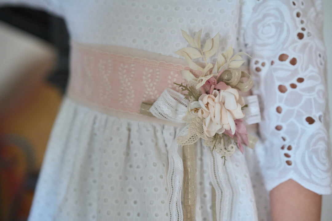Off White Dress with Pink Floral Belt