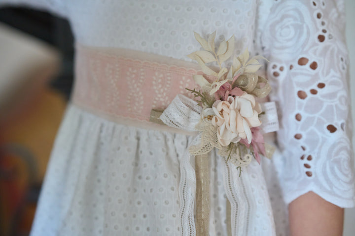 Off White Dress with Pink Floral Belt