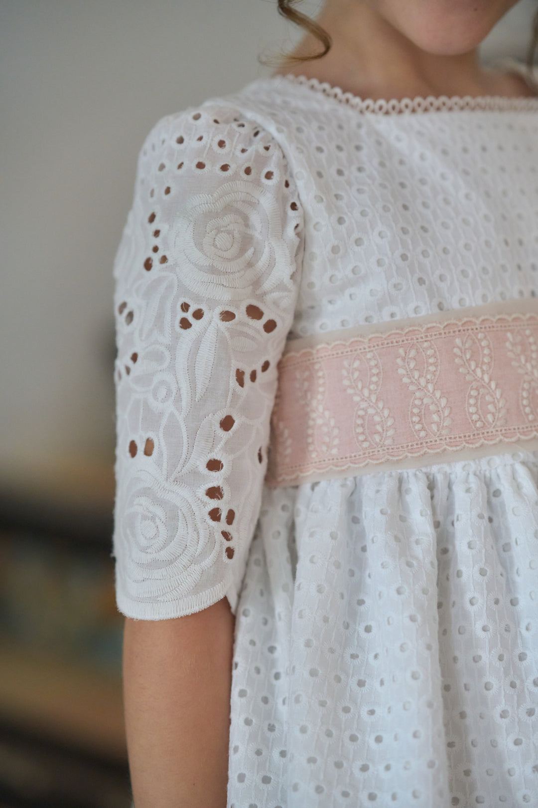 Off White Dress with Pink Floral Belt