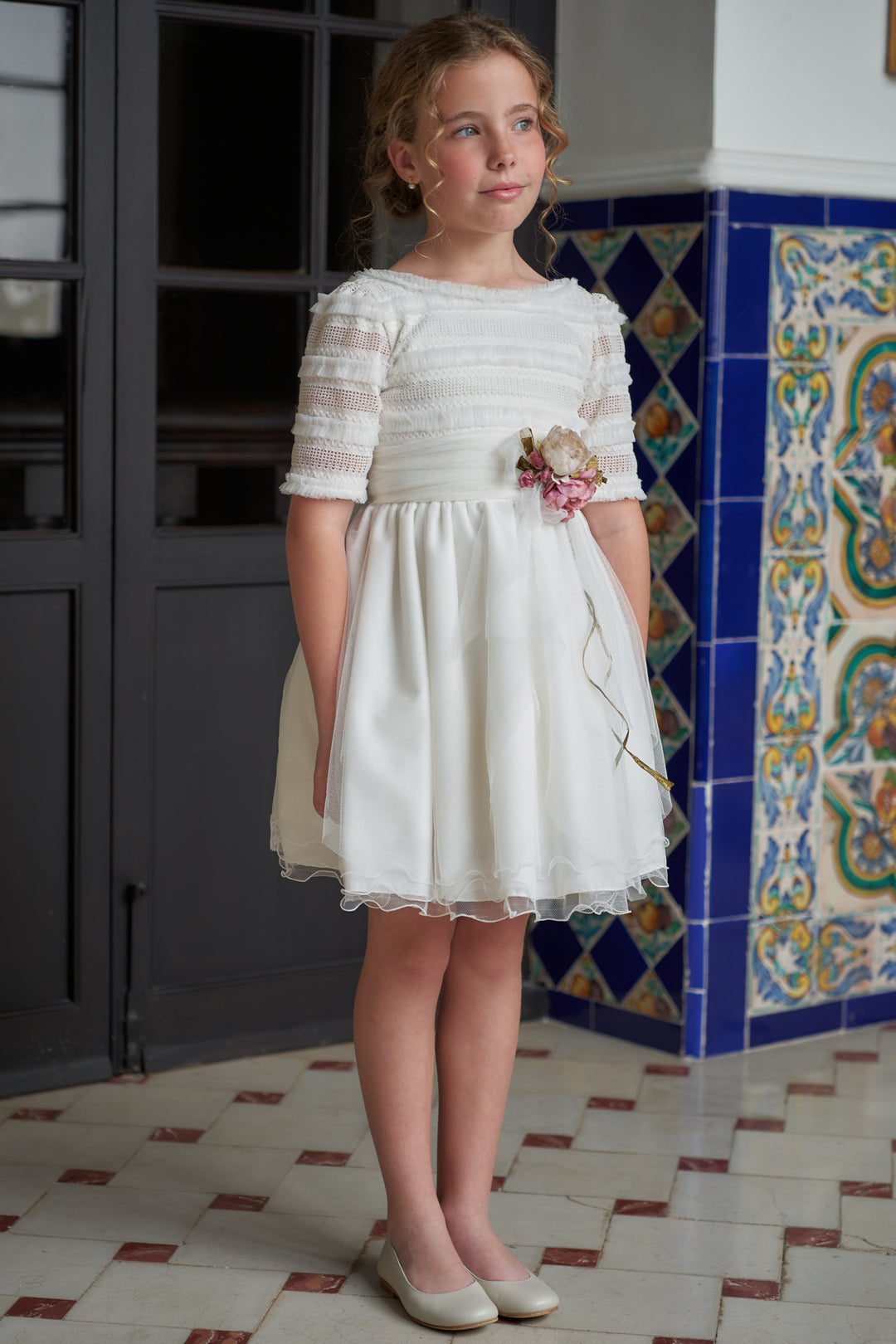 Off White Dress with Floral Belt