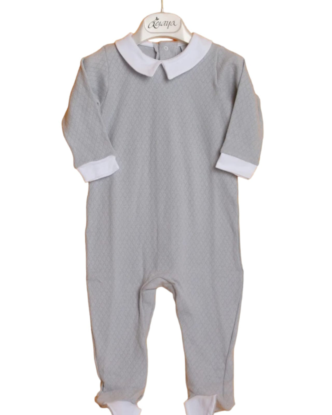 Grey baby overall with white collar