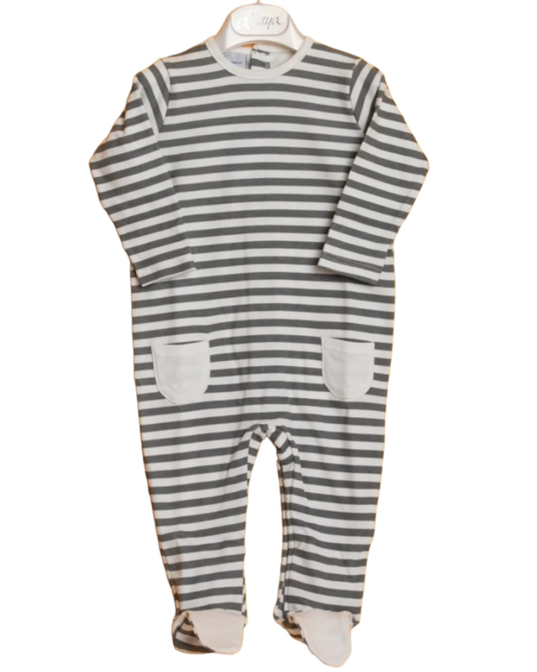 Dark grey striped baby overall