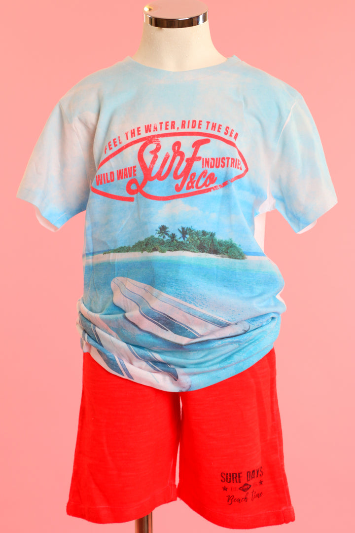 Light blue sportswear with red shorts
