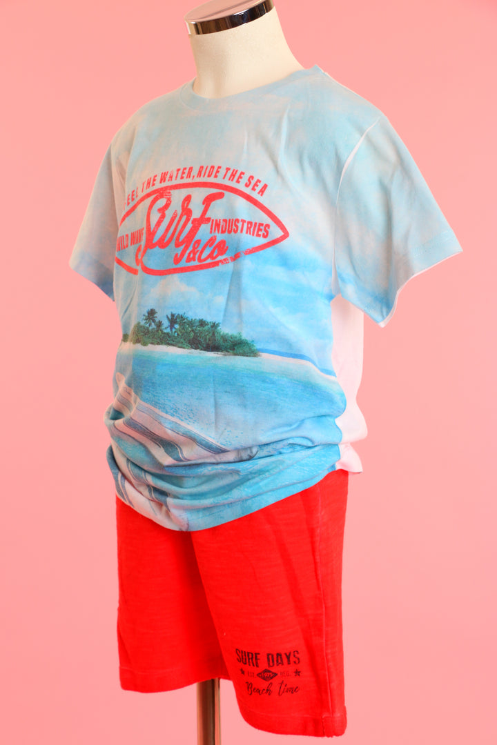 Light blue sportswear with red shorts