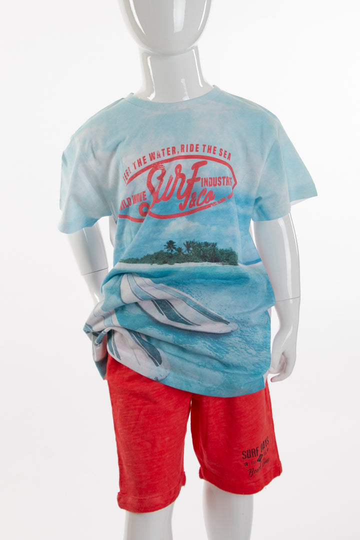 Light blue sportswear with red shorts
