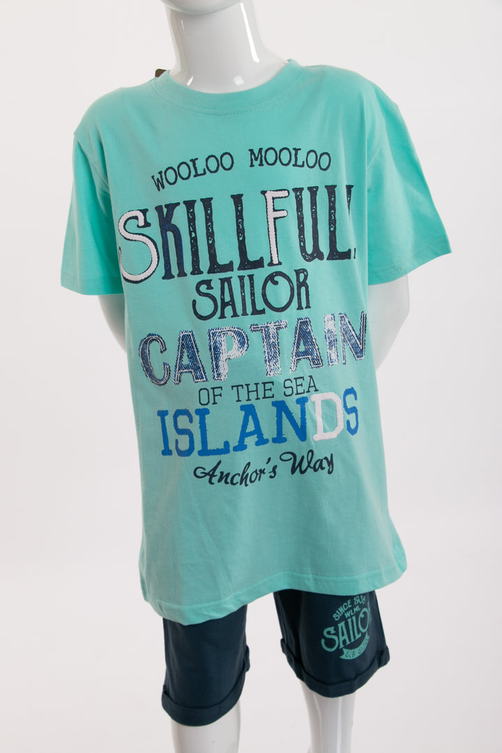 Turquoise sportswear and navy blue shorts