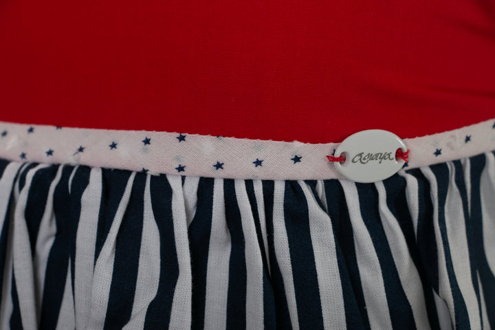 Red, white and navy blue dress