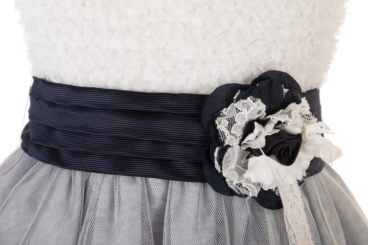 white with navy blue tulle dress
